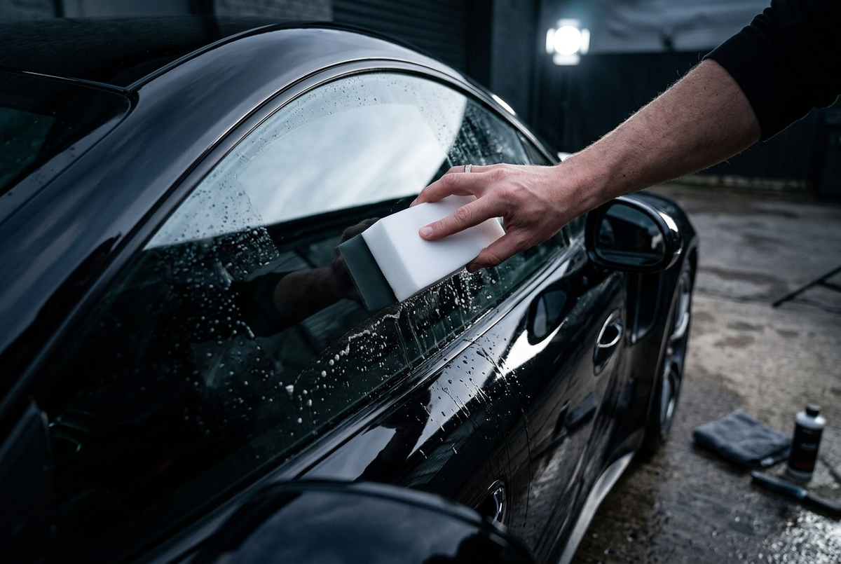 Car Glass Cleaning Sponge - Action on Car